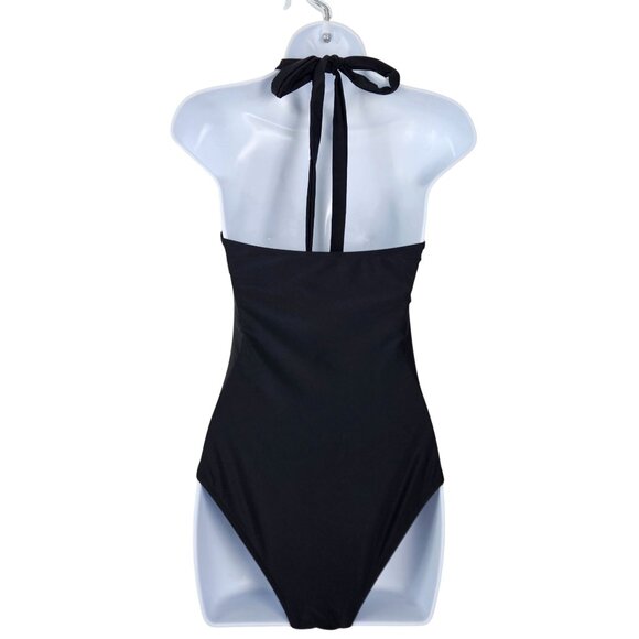 Womens Sexy Black Mesh Small One-Piece Swimsuit Deep V-Neck Halter Tie Beach - Picture 4 of 9